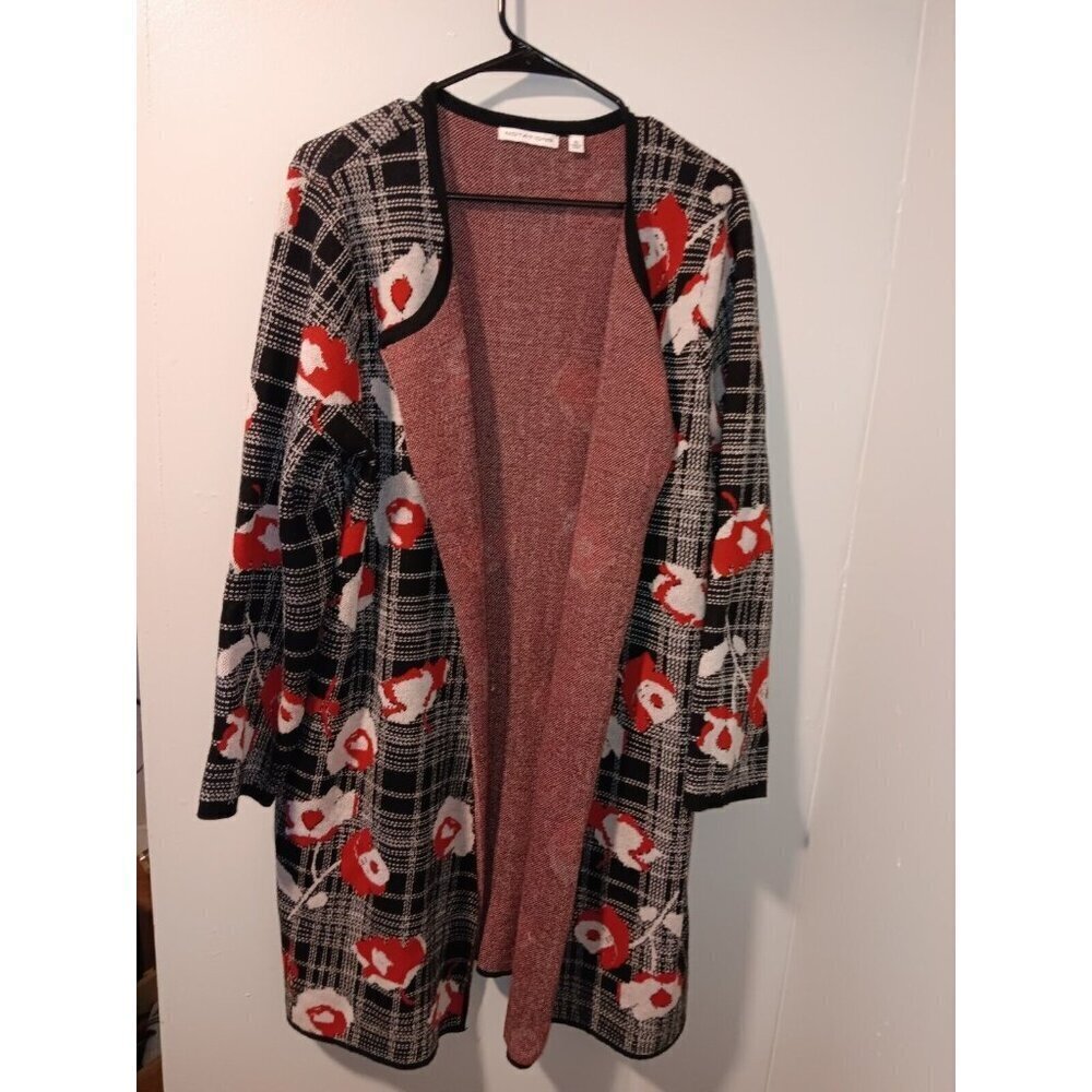 Womens XL NOTATIONS Long Line Plaid Black Red Floral Open Front Cardigan Sweater